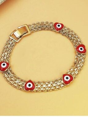 Gold Bracelet with Red Heart Evil Eye Accents